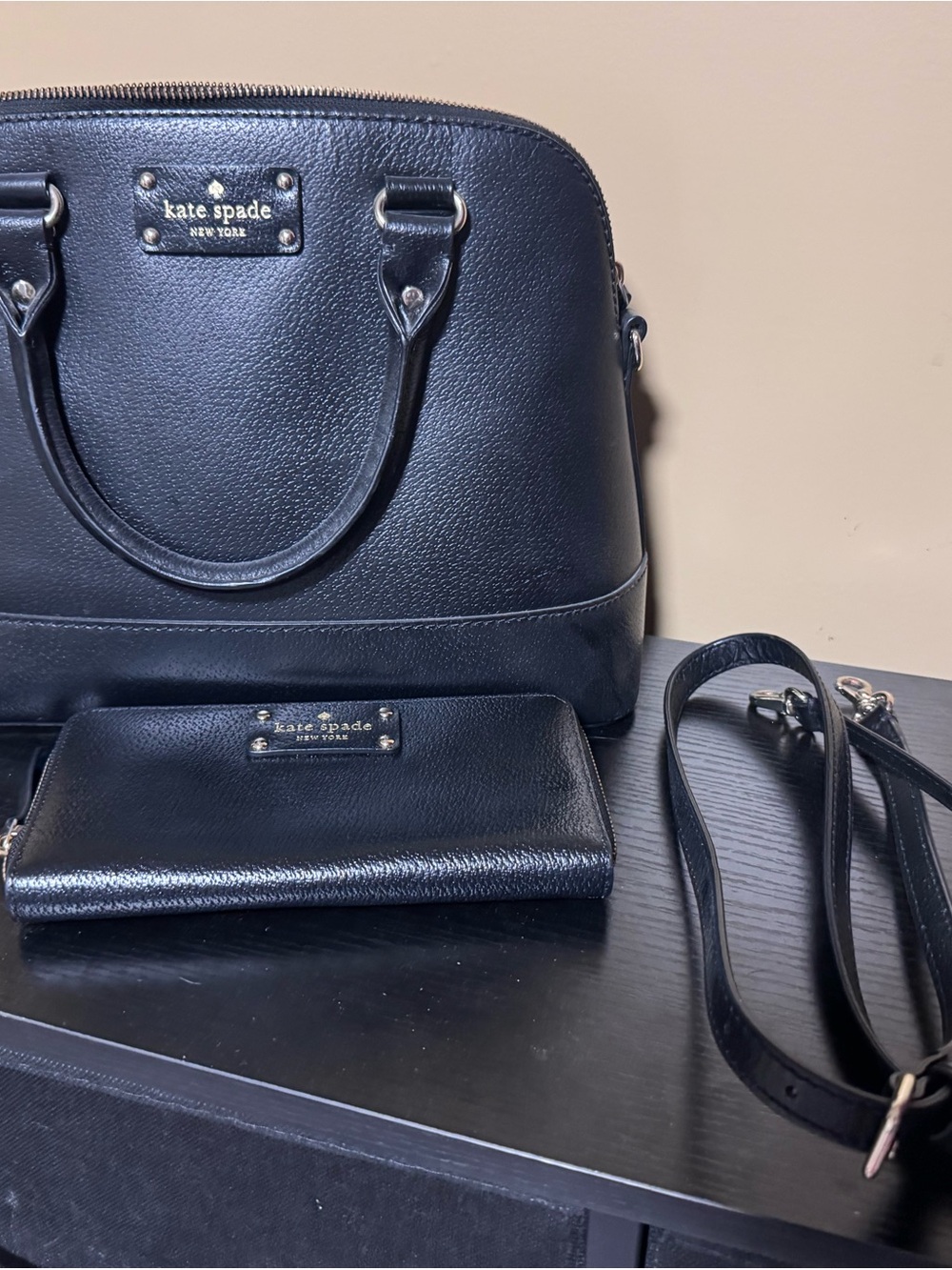 kate spade Black Pebbled Leather Dome Satchel with Matching Wallet